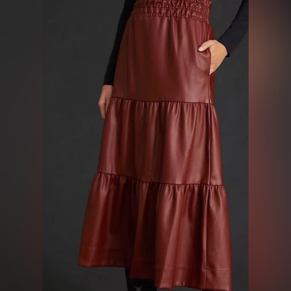 Anthropologie The Somerset Tiered Maxi Skirt: Faux Leather Edition Wine Bordeaux - Picture 2 of 11